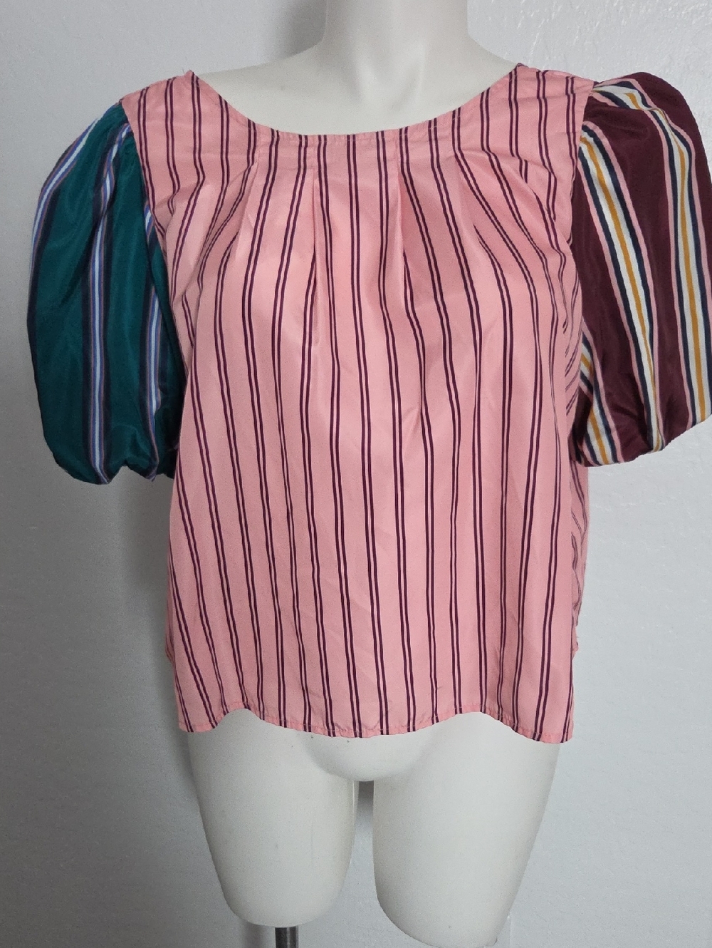 Maeve Pink Striped Boatneck Top with Color-Block Puff Sleeves